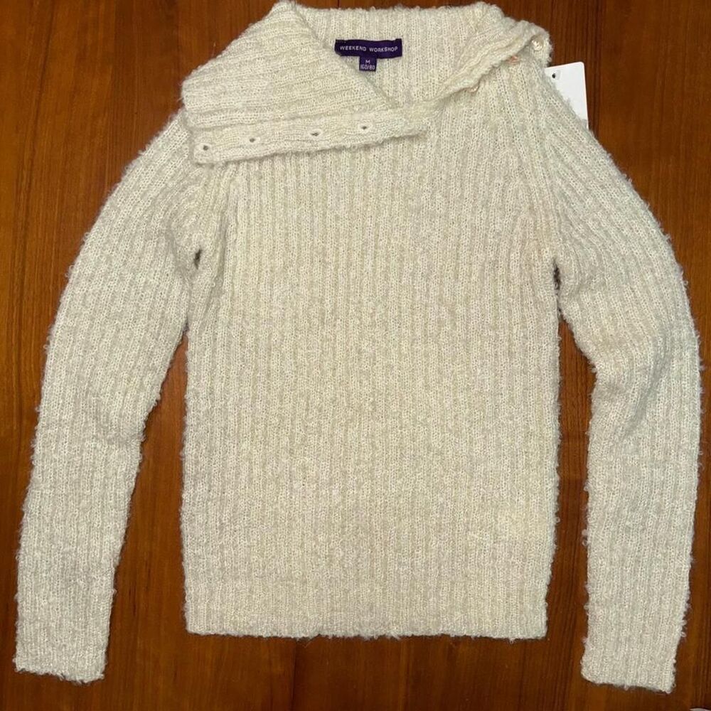 NWT Cream Mohair Wool Blend Asymmetrical Button Sweater